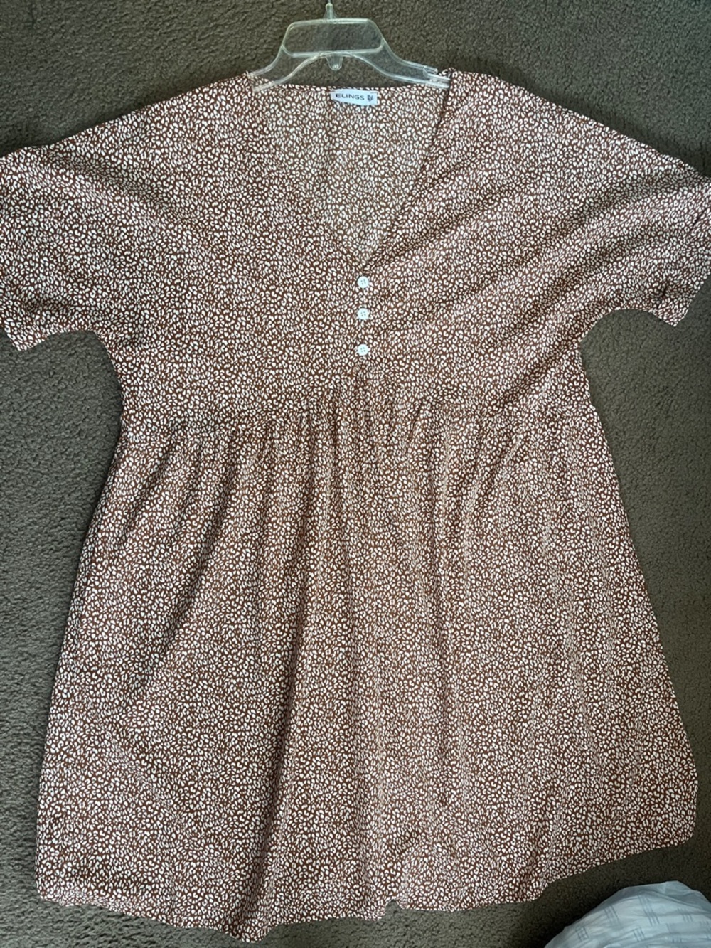 Elings  Brand Brown Dot V-Neck Short Sleeve Dress